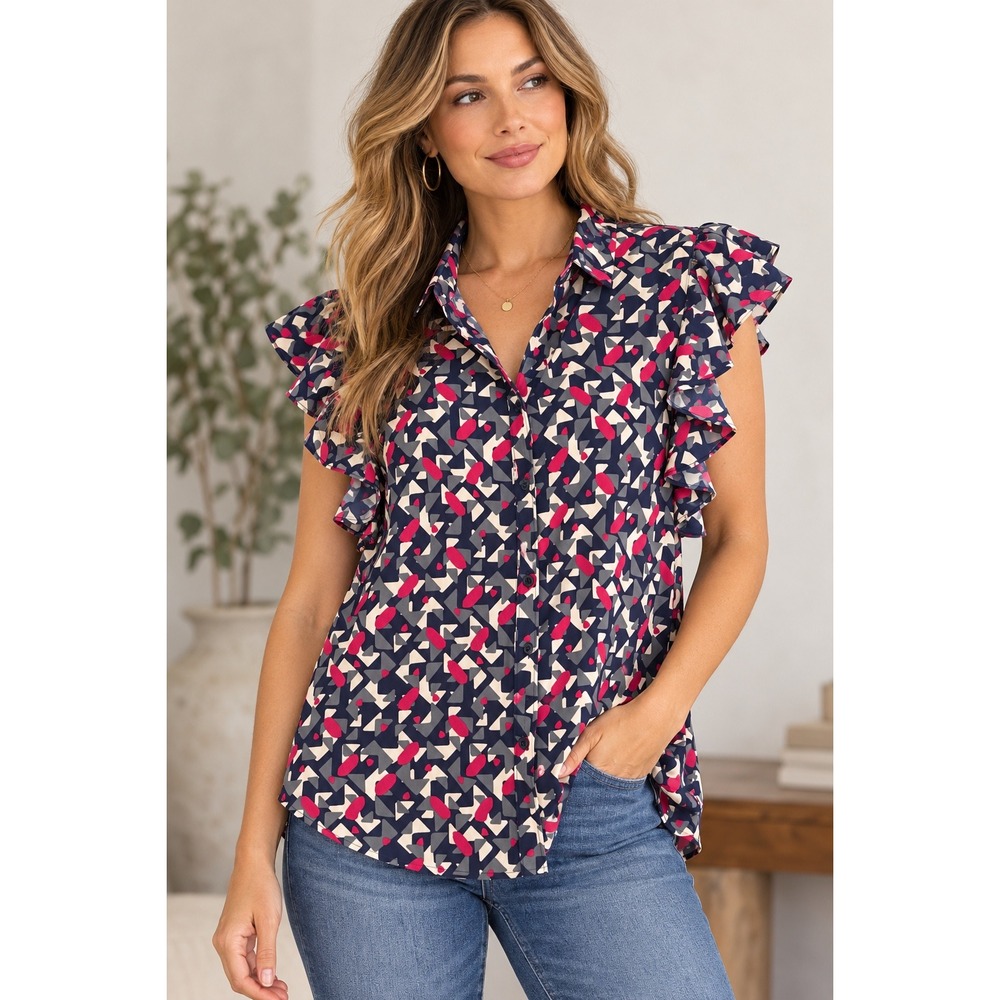 Lauren Ralph Lauren Geometric Ruffle Sleeve Button Down Blouse Navy Pink Large